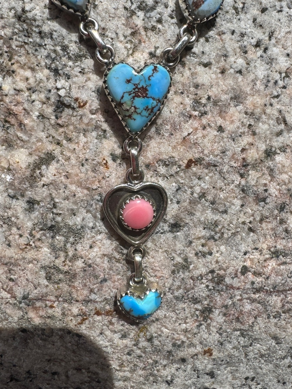 Sterling Heart Pendant Necklace with Blue Turquoise and Pink conch Stone